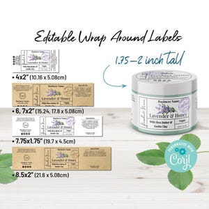 May include: An image showcasing editable wrap-around labels for products. The labels feature a lavender and honey design, with dimensions ranging from 4x2 inches to 8.5x2 inches. A jar with a matching label is also shown. The text includes "With Shea Butter & Kaolin Clay" and "Vegan".
