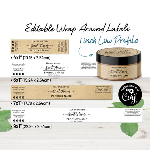 1" Wrap Around Label Template for Short, Low Profile Jars. Product Label, 2, 4, 6 oz Tin Container, Candle Labels. Simply Natural Design.