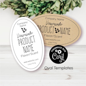 Pode incluir: Modelos de etiquetas de produtos ovais em papel branco e kraft. As etiquetas apresentam o texto "Homemade PRODUCT NAME" e "Flavor/Scent". As etiquetas são de 70,9 g. A imagem também inclui um círculo preto com o texto "Personalize with Corjl".