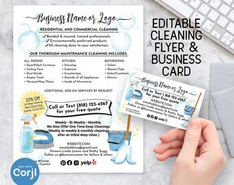 Cleaning Business Flyer & Business Card. Cleaning Service, Housekeeper Flyer. Printable, Editable Flyer Template. Custom Digital Download.