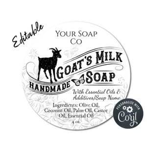 Etichetta rotonda per sapone al latte di capra con design floreale vittoriano, confezione personalizzabile. Modello di etichetta prodotto, modificabile online, scaricabile e stampabile.