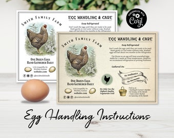 May include: A vintage-style illustration of a hen with the text "Smith Family Farm" and "One Dozen Eggs Hand Gathered Daily". The image also includes the farm's address, website, and social media handle. The text "Egg Handling & Care" is displayed in a banner above the hen. The text "Keep Refrigerated" is displayed below the banner. The text "No Antibiotics" and "No Hormones" are displayed in a banner below the hen. The text "Find us at: Northpark Farmer's Market 3rd Sunday of the Month Town Center Market 1st Saturday of the Month" is displayed in a banner below the hen. The text "We Only Use the Highest Quality Vegetarian Feed" is displayed in a banner below the hen. The text "Egg Handling Instructions" is displayed in a banner below the hen.