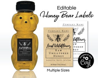Honingbeer labelsjabloon. Honingbijlabels voor honingbeercontainers, potten, potten. Aangepaste bruiloft honinglabel. Online bewerken, downloaden en afdrukken
