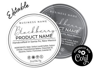 Editable Circle Label Template. White + Black Watercolor Sticker Template. Customize Online, Download & Print. Labels for Jars and Bottles.