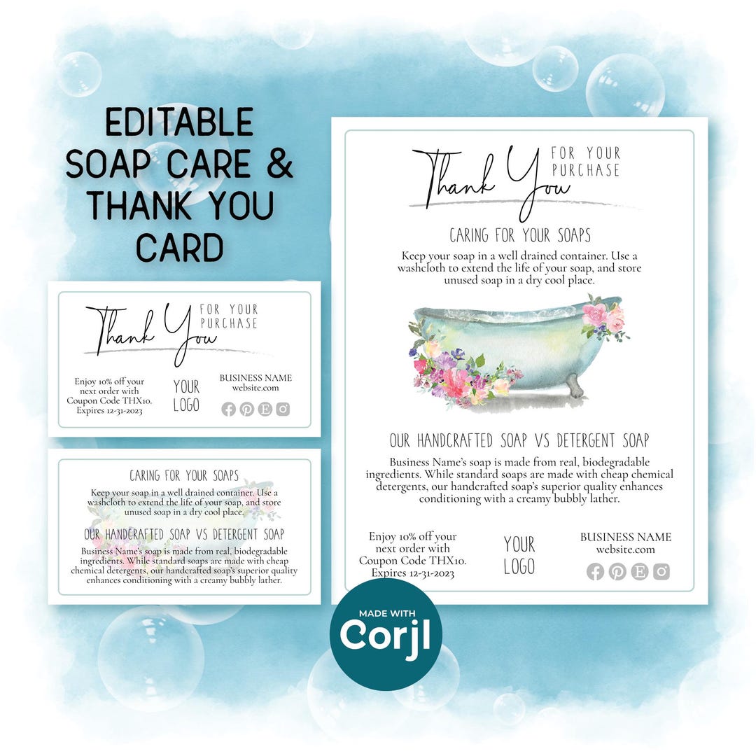 Soap Care Card Templates, Soap Business Thank You Cards + Business Card ...