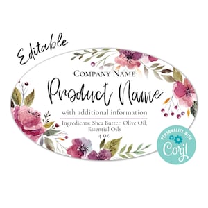 Editable Oval Label Template: Floral Watercolor Product Labels (Digital Corjl Template)