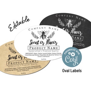 Bewerkbare ovale productlabels voor potten, flessen, blikken en conservenlabels. Bee Clean & Simple stickerlabelsjabloon. Online bewerken, afdrukken downloaden