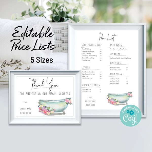 Small Business Price List, Price Sign, Price List Template, DIY Printable Retail Store Sign for Farmer's Market, Arts Crafts Show, Bathtub.
