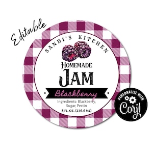Blackberry Jam Label for Jars, Blackberry Preserves, Jelly Label for Mason Jars. Custom Round Template for Product Stickers. Edit & Download