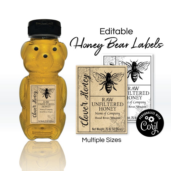 Honey Bear Label Template. Honey Bee Labels for Honey Bear Containers, Jars, Pots. Custom Wedding Honey Label. Edit Online, Download & Print