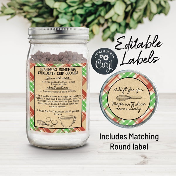 Mason Jar Cookie Mix Label Template. Editable Chocolate Chip Cookie, Brownie, Santa, Christmas Cookie Jar Label. Customize Online. Xmas1