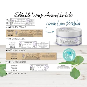 May include: An image showcasing editable wrap-around labels for products. The labels are available in various sizes, including 4x1 inches, 5x1 inches, 6x1 inches, 7x1 inches, and 9x1 inches. The labels feature a lavender and honey design and include space for a business and product name.