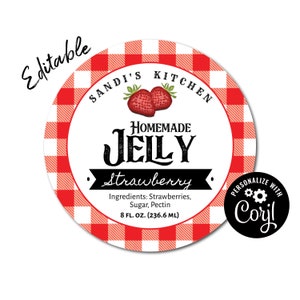 Strawberry Jelly Label for Jars, Jam Label for Mason Jars, Round Label Template, Custom Product Sticker. Personalize, Download & Print.