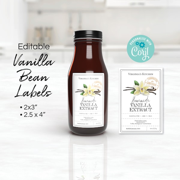 Etiqueta de vainilla casera, plantilla de etiqueta de extracto de vainilla, etiquetas de vainilla para frascos, velas, spray para habitaciones, especias. Edite en línea, descargue e imprima.