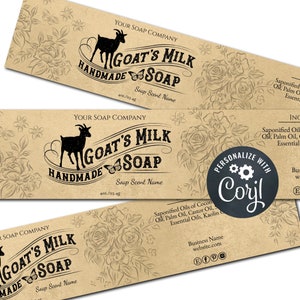 Etichetta per sapone fatto a mano al latte di capra su carta kraft, confezione di sapone, modello di etichetta per sapone personalizzato, personalizza con Corjl online, scarica e stampa.