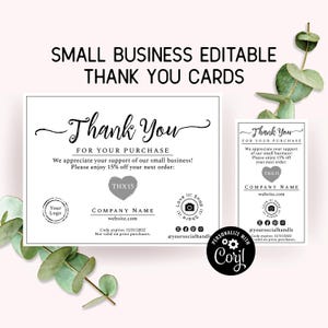 Modello di biglietto di ringraziamento aziendale per il tuo ordine. Formato cartolina + biglietto da visita. Biglietti di acquisto personalizzati, design Simply Natural.