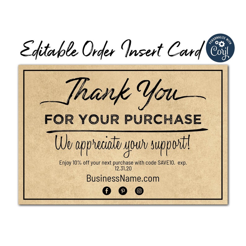Editable Thank You for your Purchase Order Insert Cards with | Etsy