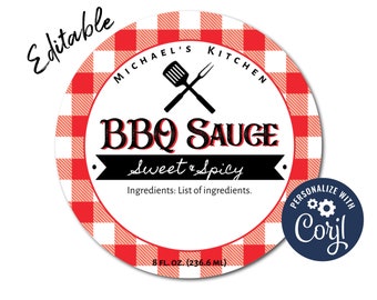 BBQ Sauce Label Red Check, Editable Circle Label, Edit Label Template Online, Download & Print. Sticker Label for Jars, Bottles, Mason Jars.