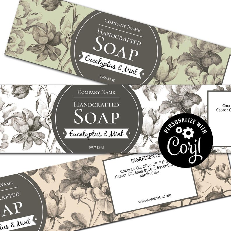 Soap Label - Etched Flowers Editable Soap Template. Cigar Band Soap Packaging. Wrap Around Labels. Personalize Online, Download & Print. image 1