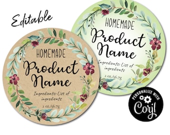Garden Wreath Custom Round Label, Product Label Template. Sticker Labels for Jars, Bottles, Candles, Homemade. Edit Online, Download & Print