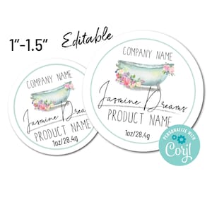 Mini 1&quot;-1.5&quot; Watercolor Bathtub Editable Round Product Label Template. Customize Online. Download Print. For Small Jars, Bottles, Bath Bombs