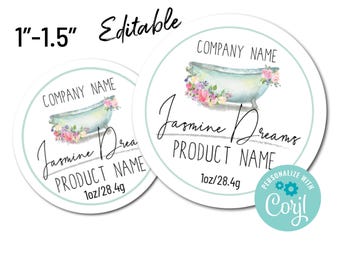 Mini 1"-1.5" Watercolor Bathtub Editable Round Product Label Template. Customize Online. Download Print. For Small Jars, Bottles, Bath Bombs
