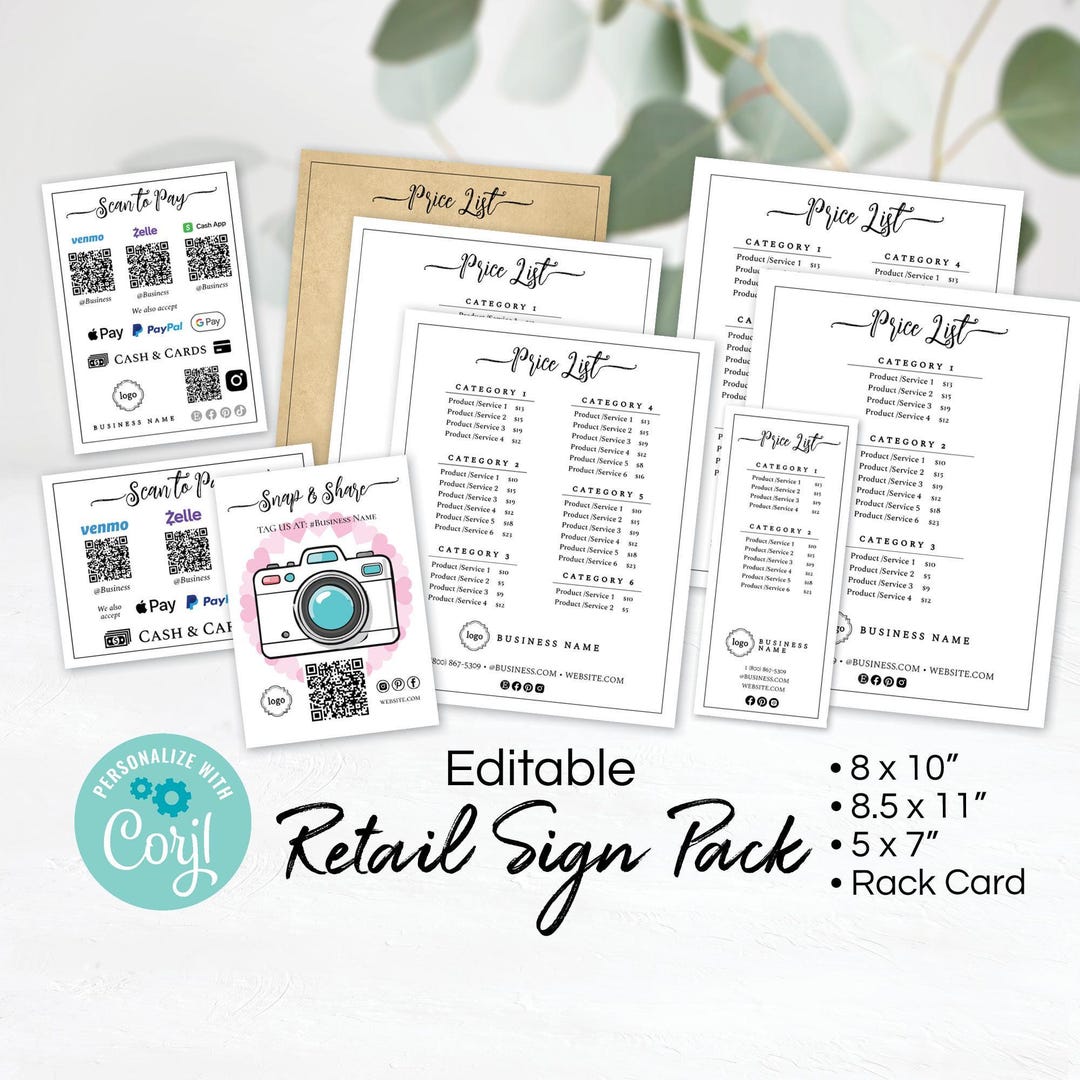 Price List Template + Point of Sale Signs, Small Business Editable ...