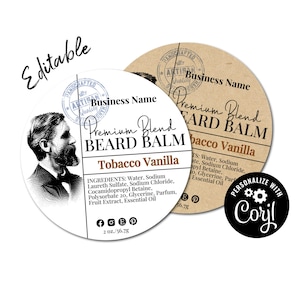 Editable Beard Balm Label Template with Bearded Man. Shaving Soap Label. Edit Product Label Online. Download & Print. Labels for Jars, Tins.