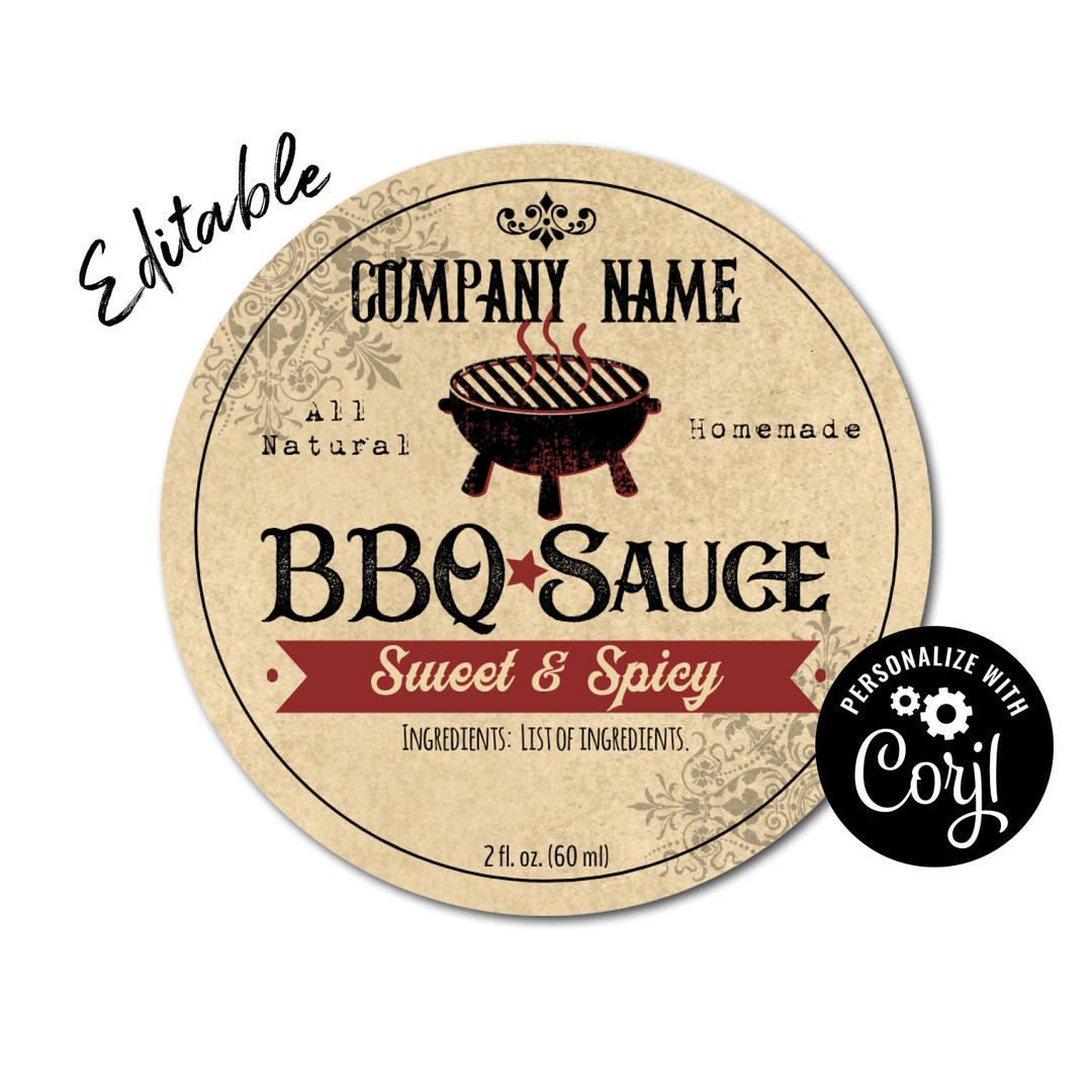 BBQ Sauce Label With Grill. Editable Circle Label. Edit Label Template ...