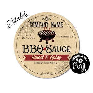 BBQ Sauce Label with Grill. Editable Circle Label. Edit Label Template Online. Download & Print. Sticker Label for Jars, Bottles, Mason Jars