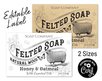 Felted Soap Labels. Editable 3x2" and 10x2" Wrap Around Soap Label Template for Felted Soaps, Sheep Wool. Soap Packaging. Personalize Online