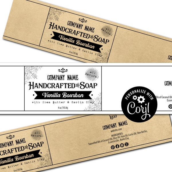 Soap Label Template, Soap Bar Packaging, Printable Wrap Around Label. Custom Country Store Design. Personalize Band Online, Download & Print