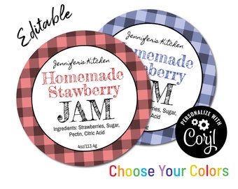 Jam Label Printable for Mason Jars, Homemade BBQ, Jam, Jelly, Canning Label, Country Check Round Sticker Labels. Edit Online, Download Print