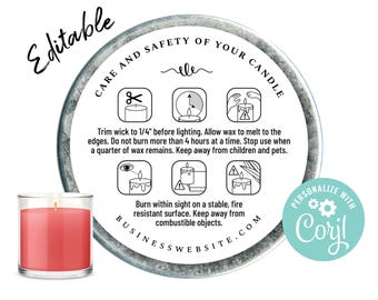 Candle Care Label Template. Safety, Care, Instructions & Warning for Candle Use. Custom Candle Branding Design. Edit Online, Download, Print