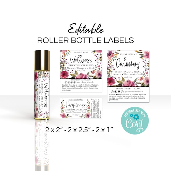 Essential Oil & Perfume Roller Bottle Label Template, Floral Watercolor Design. Printable Atomizer Spray Bottle Editable Label Stickers.