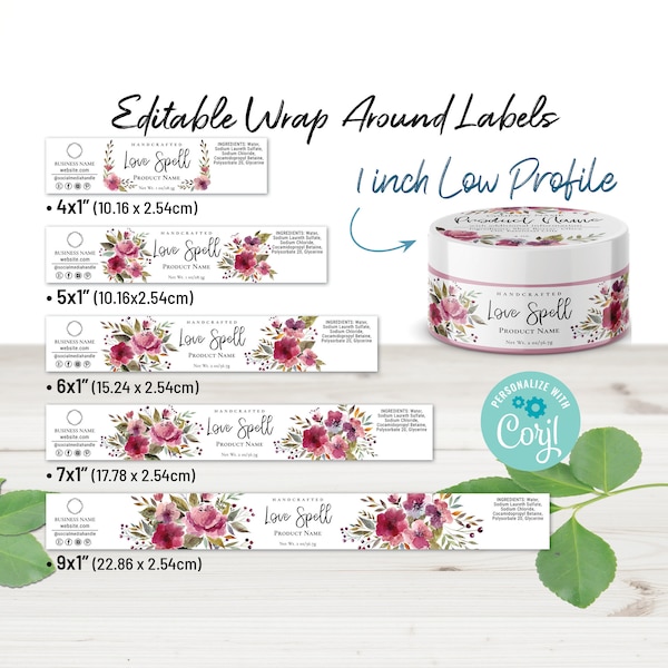 1" Wrap Around Label Template for Short Jars, Low Profile Jar Labels, 2, 4, 6 oz Tin Container Labels. Floral Watercolor Body Butter Labels.