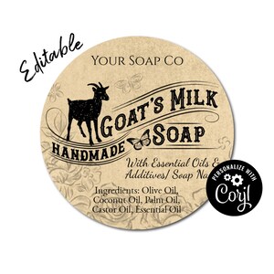 Étiquette de savon - Savon artisanal au lait de chèvre sur étiquette ronde en papier kraft. Emballage personnalisé pour le savon. Modifiez l'étiquette du produit en ligne, téléchargez-la et imprimez-la.