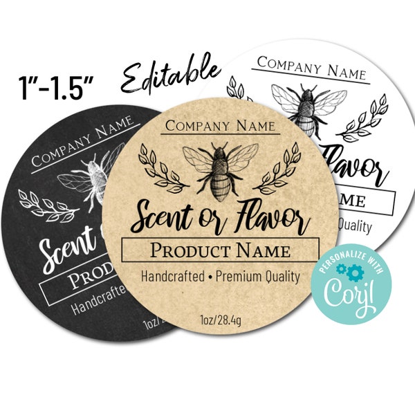 Mini 1"-1.5" Editable Circle Label. Clean and Simple Sticker Template with Bee. Customize Online, Download & Print. Labels for Jars, Bottles