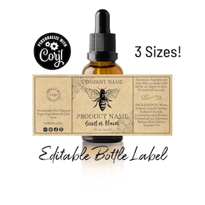 Plantilla editable para etiqueta de botella, diseño de abeja y mariposa. Personalízala con Corjl Online. Descarga e imprime. Etiqueta editable e imprimible. 1-2 oz.