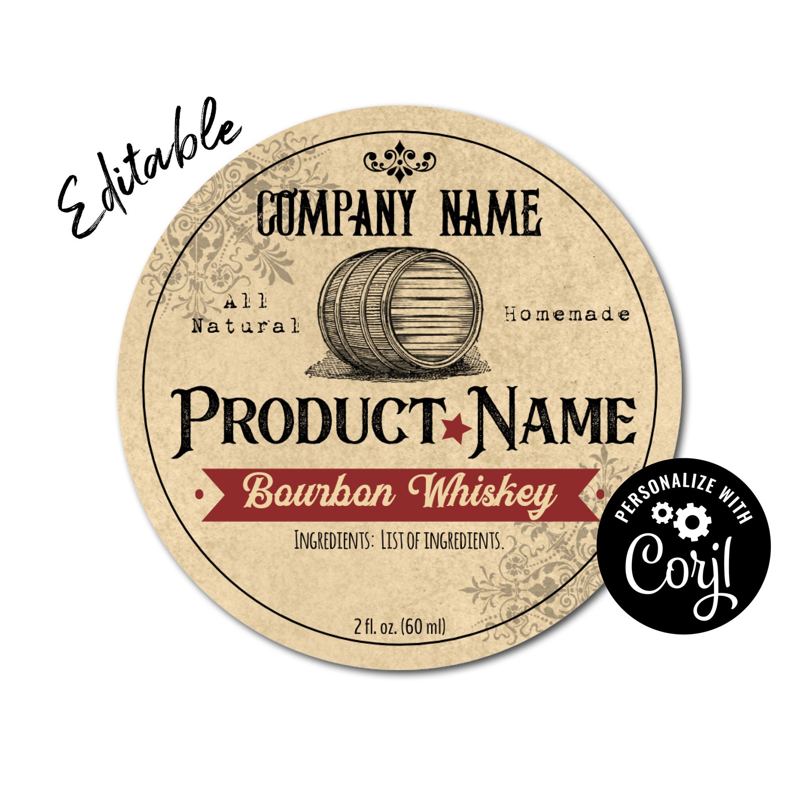 Editable Circle Label for Jars. Whiskey Barrel Sticker Etsy