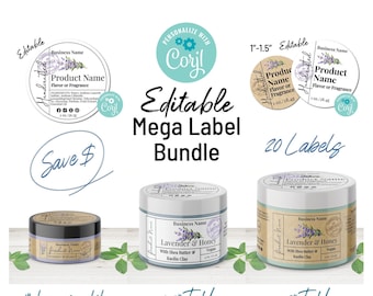 May include: An image showcasing an editable mega label bundle. The labels feature a lavender and honey theme, with various sizes of jars and label designs. The text includes "Product Name," "Flavor or Fragrance," and "Editable." The image also includes the text "Save $".