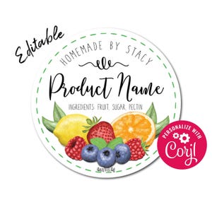 Fruit en bessen bewerkbaar jamgeleilabel. Aardbei, bosbes, sinaasappel, citroen, framboos. Online bewerken. Labels afdrukken voor weckpotten, inblikken