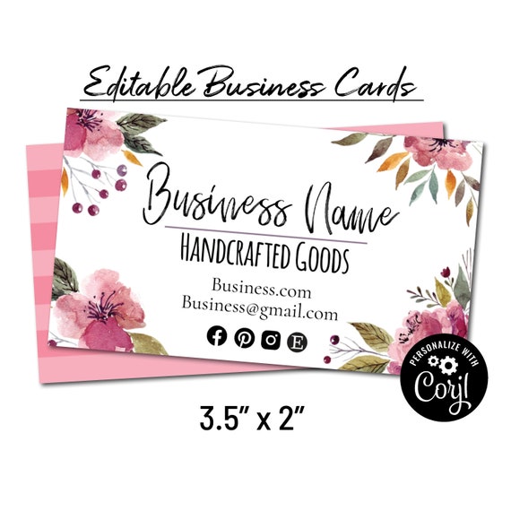 Printable Business Card Template Floral Watercolor. Custom | Etsy