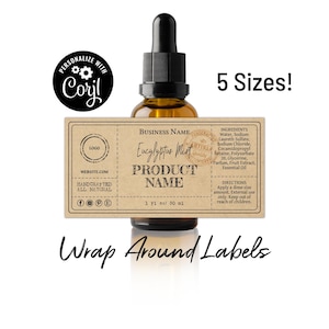 Modelo de rótulo de produto. Rótulo envolvente para conta-gotas de 1/2/4 oz de soro e frascos de spray de ambiente. Rótulos de ingredientes para potes. Editar-Baixar-Imprimir