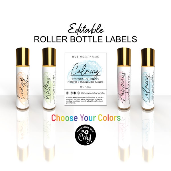 Essential Oil Roller Bottle Label Template, 10ml Roller, Spray Bottle Label, Edit Online. DIY Printable Glass Bottle Editable Sticker Labels