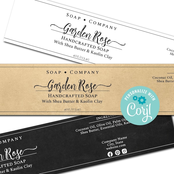 Soap Labels - Simply Natural. Editable Soap Template. Printable Custom Wrap Around Label. Personalize w/ Corjl Online, Download and Print.