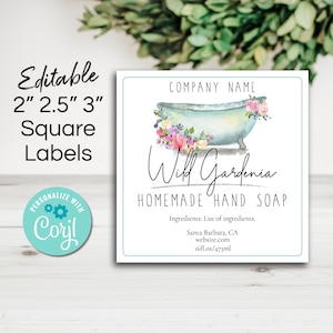 Square Product Label Template for Jars, Soap, Lotion, Deodorant, Shower Favors, Candle Packaging. Watercolor Bathtub. Edit, Download & Print