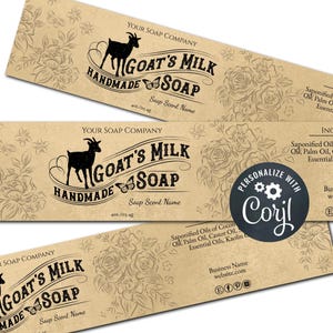 Goat&#39;s Milk Handmade Soap Label on Kraft Paper, Soap Packaging, Custom Soap Label Template, Personalize w/ Corjl Online, Download and Print.