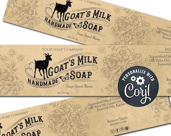 Goat&#39;s Milk Handmade Soap Label on Kraft Paper, Soap Packaging, Custom Soap Label Template, Personalize w/ Corjl Online, Download and Print.