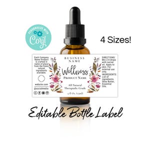 Flesetiketsjabloon. Bloemen aquarel druppelaar spuitflessen. Afdrukbare labels voor tinctuur, serum en kamerspray. Bewerken-downloaden-afdrukken. 1 2 4 oz.